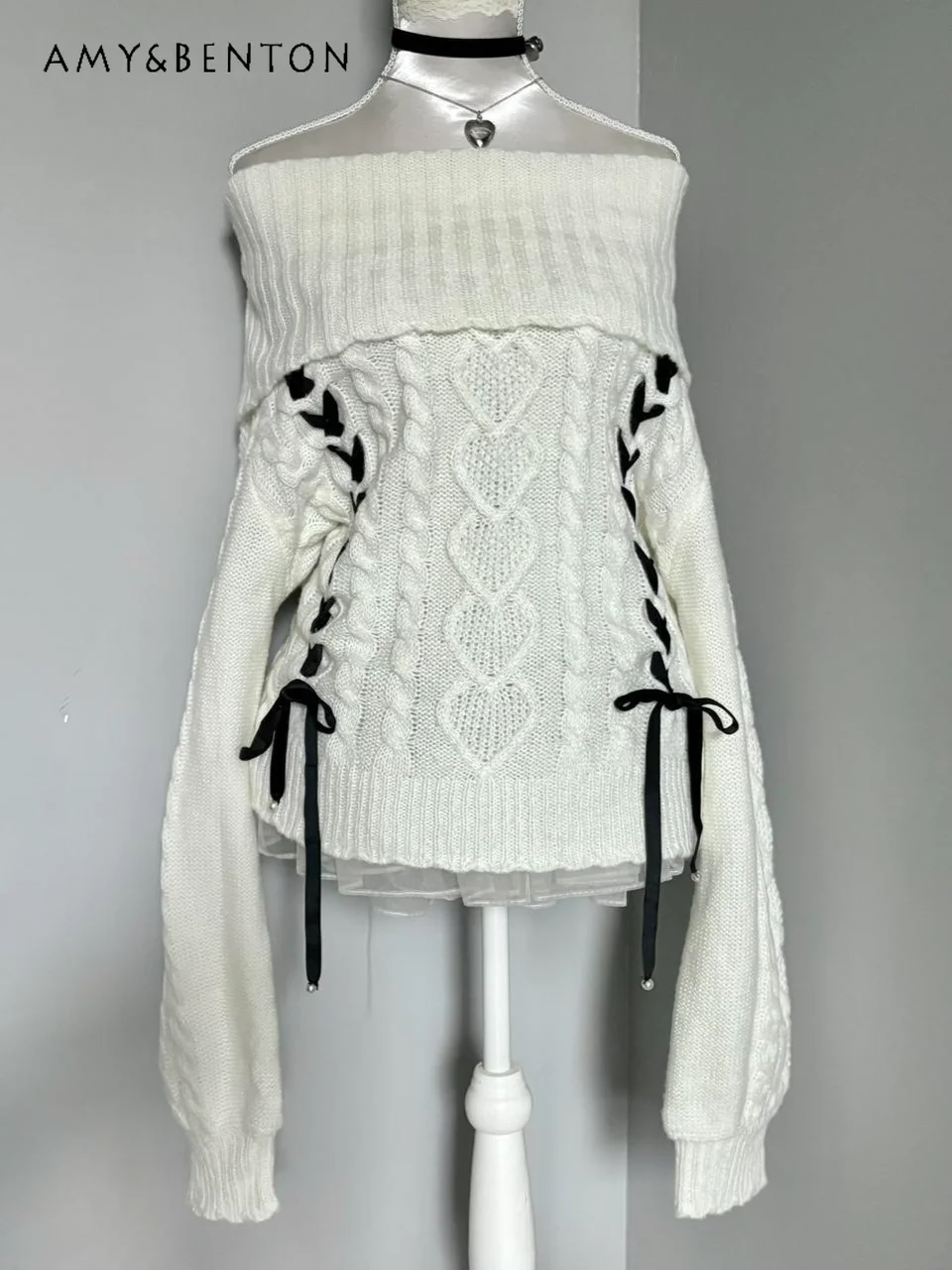 Sweet Cool Girl White Cross-lace Off Shoulder Lantern Sleeve Sweater Women Spring Autumn Y2K Sexy Loose Casual Knitted Sweater