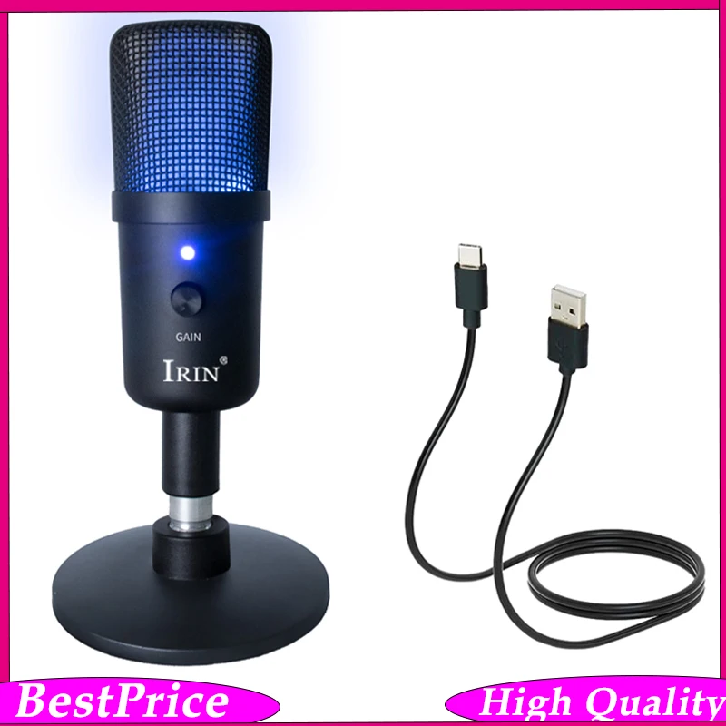 Microfone Gamer IRIN RGB – Microfone Condensador USB com Cabeça de Malha Metálica, Controle de Volume, Botão de Silenciar e Base Ajustável em Múltiplos Ângulos