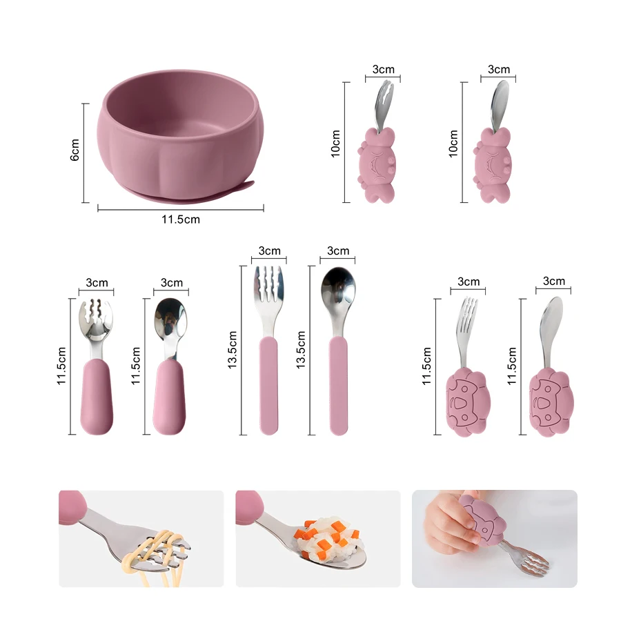 Ensemble de couverts en acier inoxydable avec poignée en silicone pour bébé, cuillère d'alimentation, fourchette, ustensiles de crabe, articles de discussion, livraison gratuite