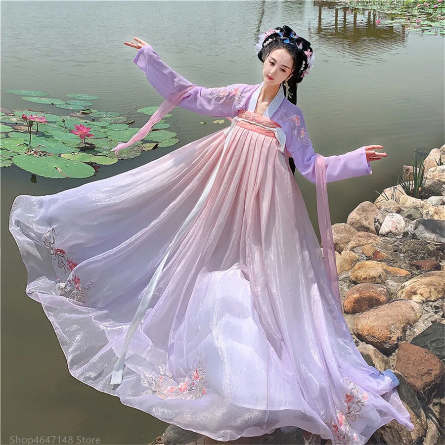 

Hanfu женское традиционное китайское платье Han Tang костюмы принцессы юбки розовая зеленая одежда элегантный древний китайский сценический косплей