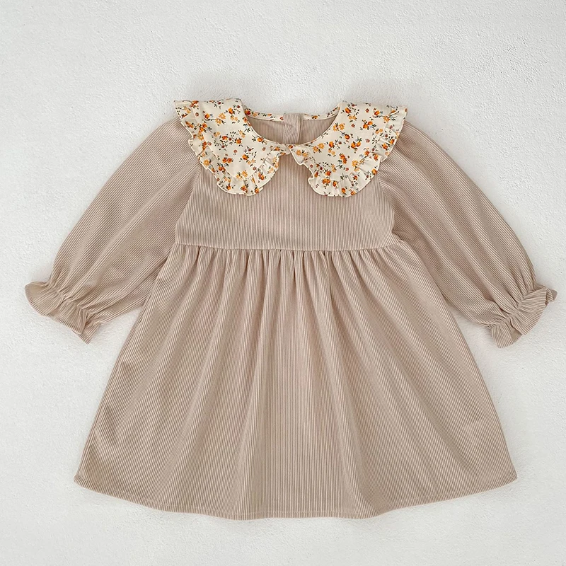 خريف جديد الفتيات فستان 1-6Y دمية الرقبة سروال قصير الزهور فستان الربيع الأطفال الفتيات طويلة الأكمام الأميرة موضة فستان لطيف