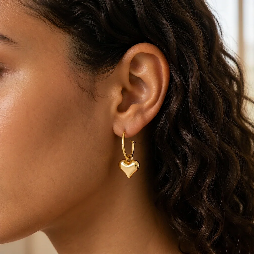 Stainless Steel Puffy Heart Hoop Earrings Gold Color Sweet Love Heart Dangle Earrings for Women Daily Party Fashion Jewelry Gift