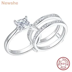 Newshe Solid 925 Sterling Silver Wedding Rings for Women Solitaire Princess Cut Engagement Ring Eternity AAAAA Zircon Guard Band