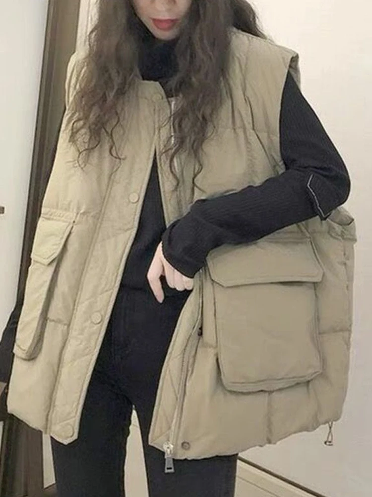 Oversized Down Vest Women Korean Fashion Warm Cotton Padded Coat Female Autumn Winter Sleeveless Drawstring Zipper Waistcoat