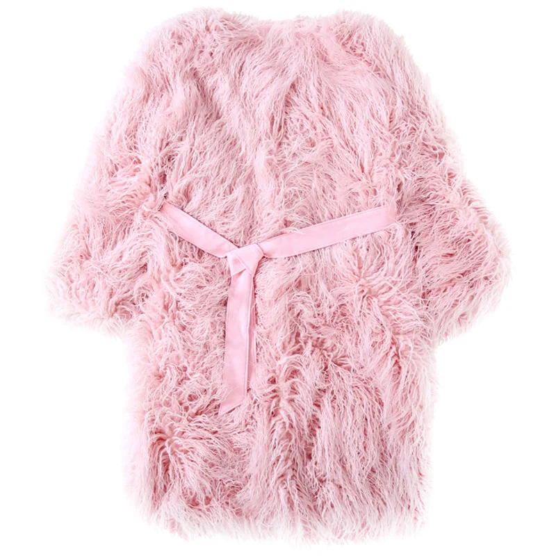 Abrigo largo de piel de oveja sintética con cinturón para mujer, chaqueta de piel Artificial Rosa mullida de lujo, prendas de vestir exteriores,