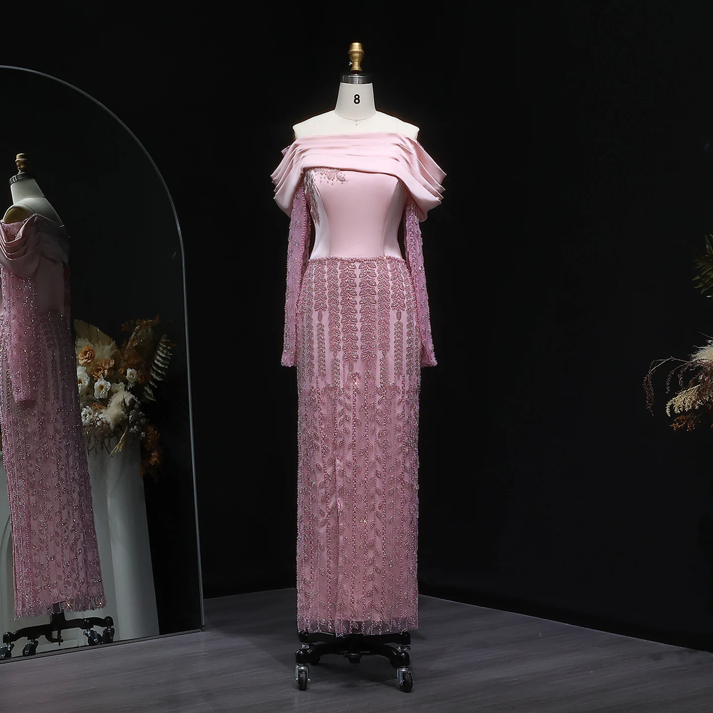 Sharon Said Abendkleid Luxuriöses Etuikleid Dubai Schulterfreies Langarm-Kleid mit Drapierung Arabisches Formelles Hochzeits- und Partykleid SS695 Maßanfertigung – Detail 11