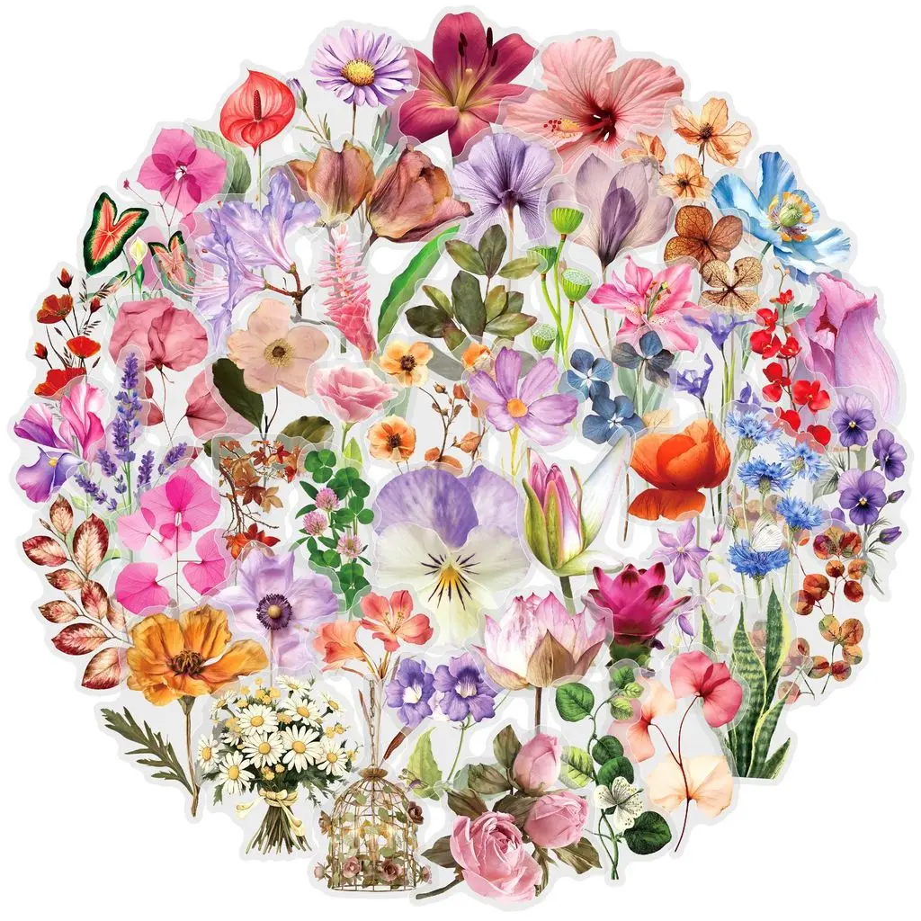 50Pcs Ins Aesthetic Floral Botanical Clear PET Stickers for Desk Luggage Car Graffiti Decor Giajar Sticker Store