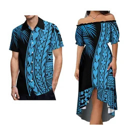 Hawaiian Clothing Custom Couple Set Polynesian Retro Design New Women'S Puffed Sleeve One-Shoulder Dress Men'S Pocket Shirt