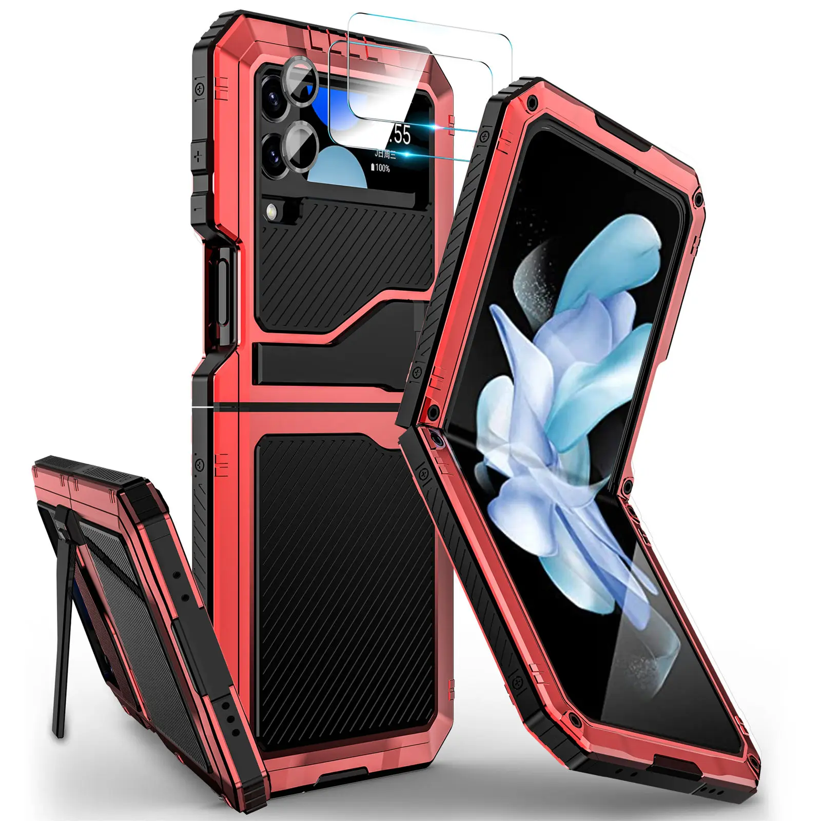 for Samsung Galaxy Z Flip 4 Metal Case with Kickstand, 3 Layers Full Body Protective Shockproof Aluminium Cover for Z Flip 4