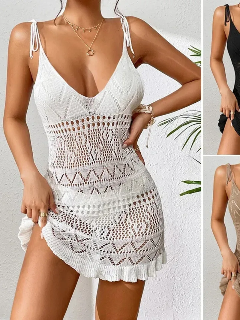 Dress Clothes Women Summer Solid Color Sleeveless Knitted Cover Up Backless Stylish Beach Dresses Vintage Dress 8R4D