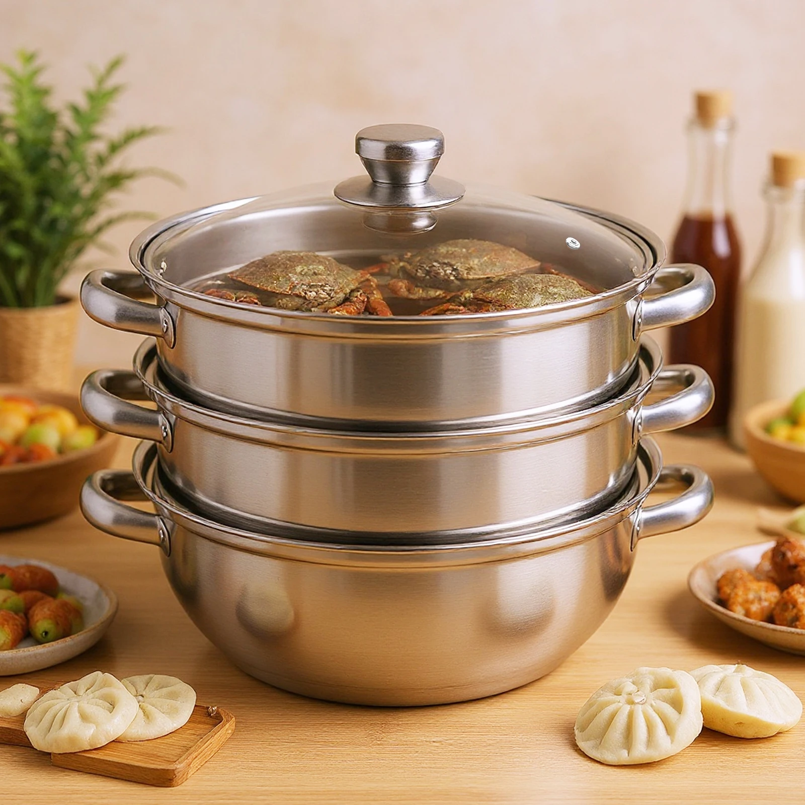 

3-Tier Stainless Steel Steamer 11 Inch Diameter Steamer Cookware with Glass Lid for Fish Rice Vegetable Food Cooking Pot