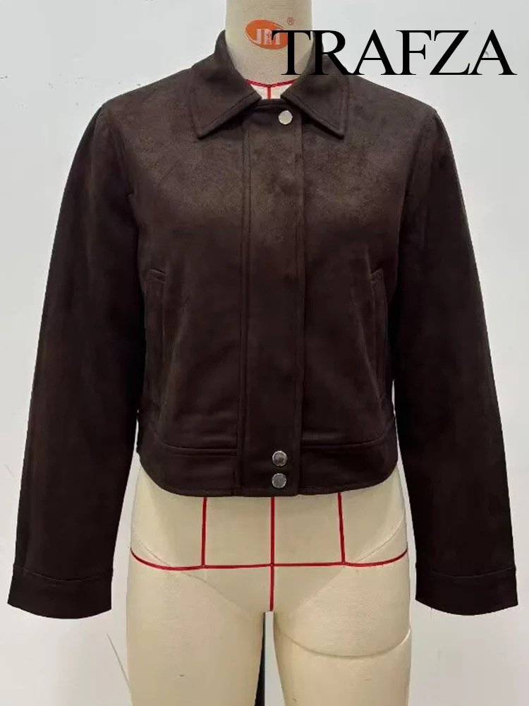 

TRAFZA Women Autumn Fashion Vintage Suede Blend Textured Lapel Long Sleeves Pockets Jacket Female High Street Zipper Slim Coats