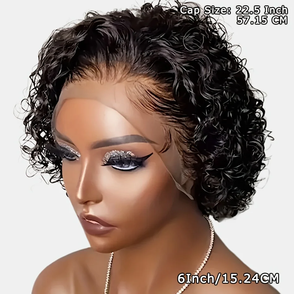 Pixie corte peruca para mulheres, bob curto, cabelo humano encaracolado, laço transparente, água onda profunda, densidade de 180%