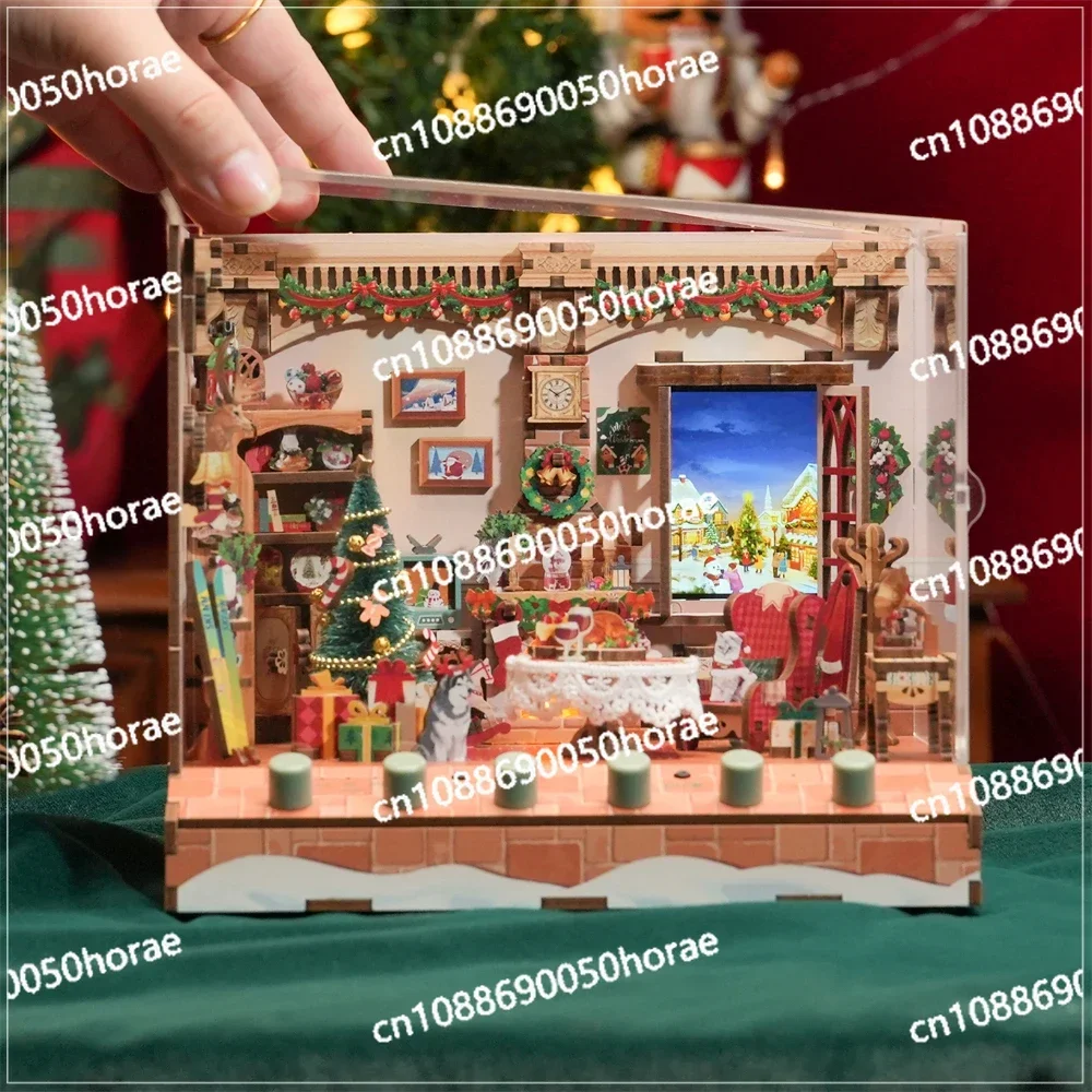 Tonecheer The Christmas Cottage Sound Machine Light Up Christmas Toys Christmas Home Decor Puzzle Wood Toys Decorations for Kids