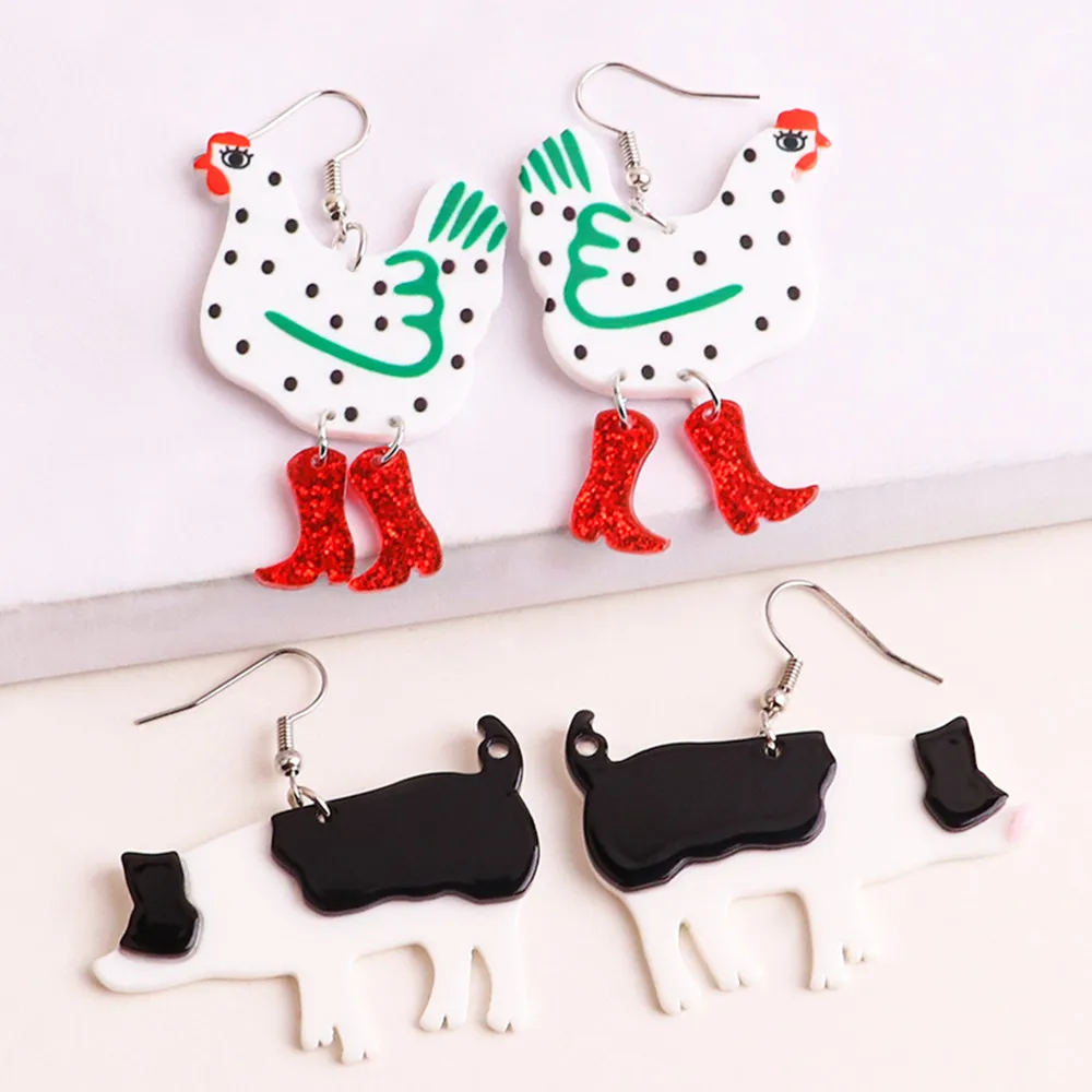 Cute Black White Little Pig Acrylic Drop Earrings for Women Funny Animals Dot Hen In High Heel Dangling Earring Fashion Jewelry