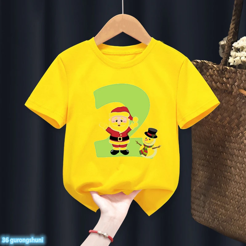 New Christmas T-Shirt Snowman Santa Claus Number 2-9 T Shirt Birthday Gift Boys Girls Tshirt Harajuku Kids Clothes Yellow Tops