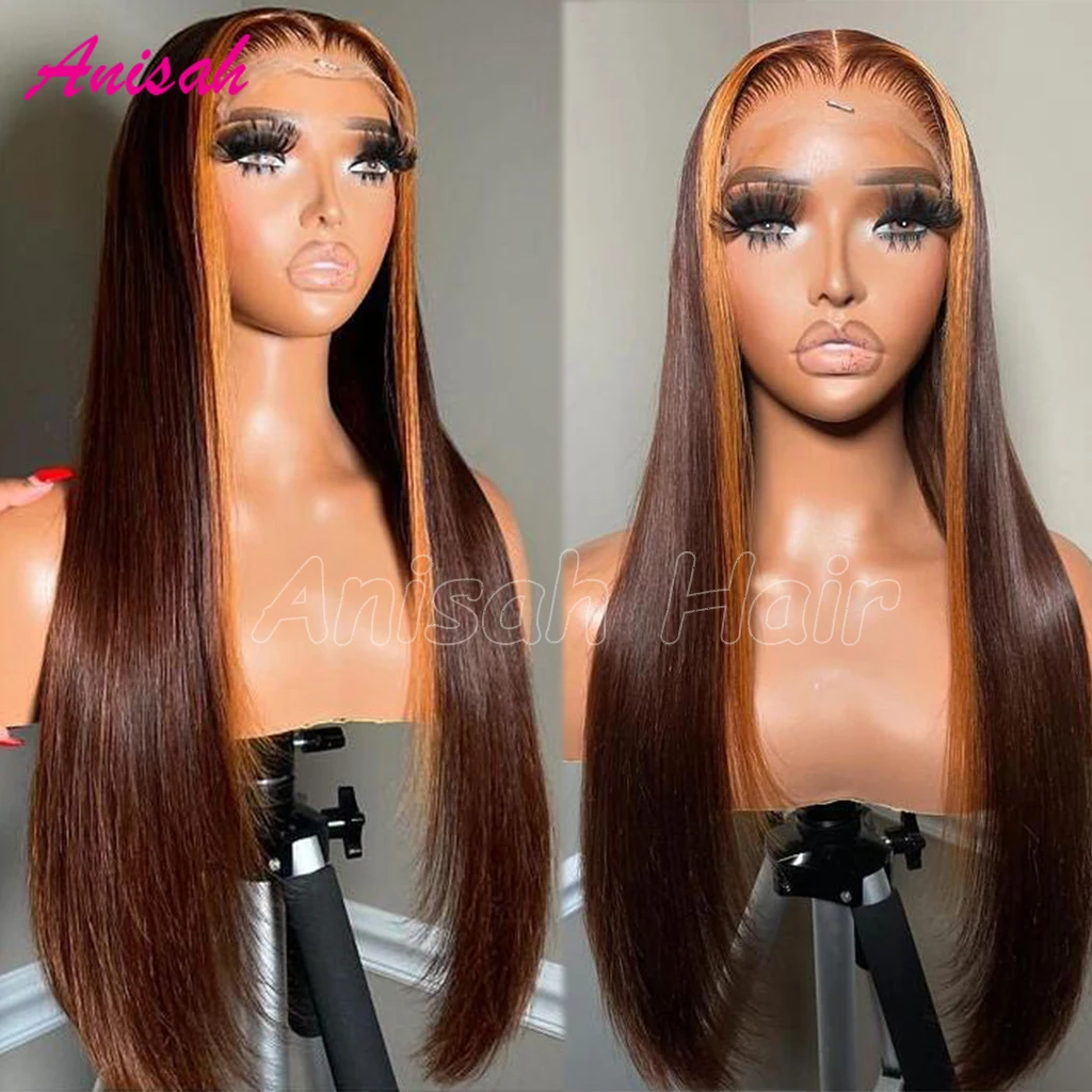 Wig rambut manusia Frontal renda transparan wig depan renda rambut manusia Virgin Brasil lurus berwarna telah ditanami untuk wanita