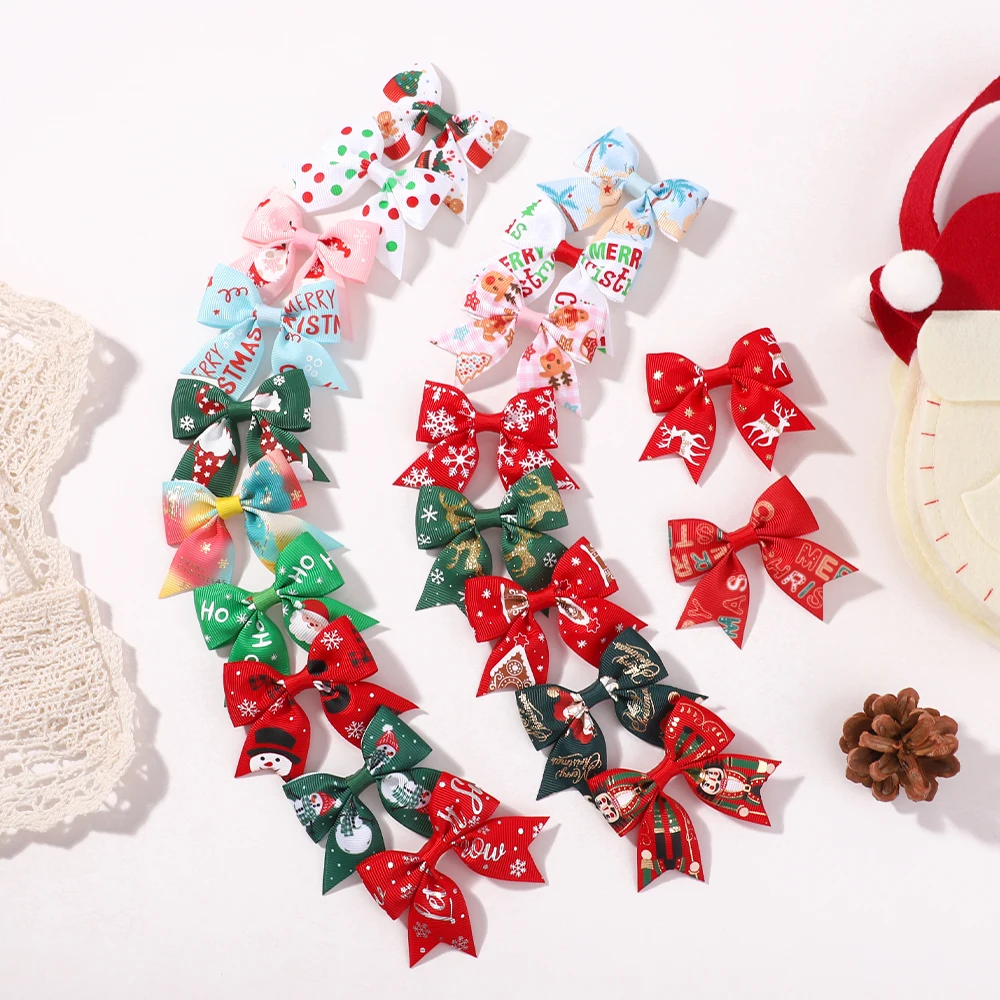 10 teile/satz Festliche Weihnachten Haar Clips 2,4'' Baby Mädchen Haar Zubehör Santa Schneeflocke Bowbots Haarnadeln Kopfbedeckungen