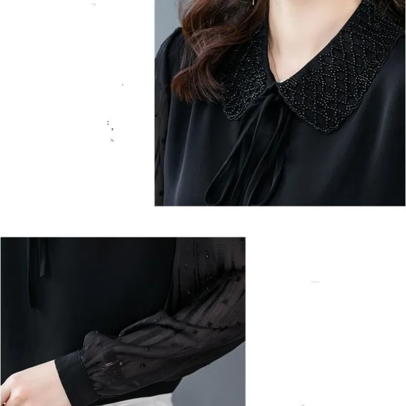 Spring and Autumn Women\'s Solid Color Pullover Lace Up Doll Neck Loose Fit Chiffon Long Sleeve Shirt Fashion Elegant Tops