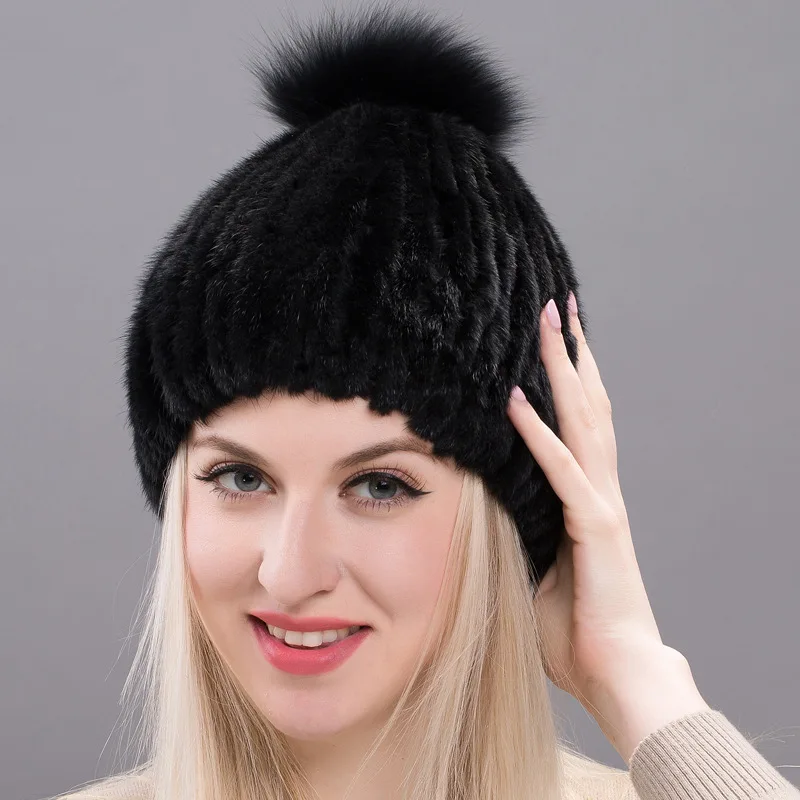 

Winter Mink Fur Grass Headed Hat for Women's Warm Wide Striped Hand Sewn Fox Hair Ball Ear Protection Hat