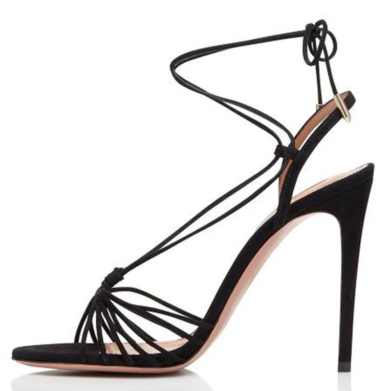 Elegant Women Black Suede Narrow Bands Cross Tied Lace Up Stiletto Heel Summer Sandals Female Open Toe Gladiator High Heel Shoes