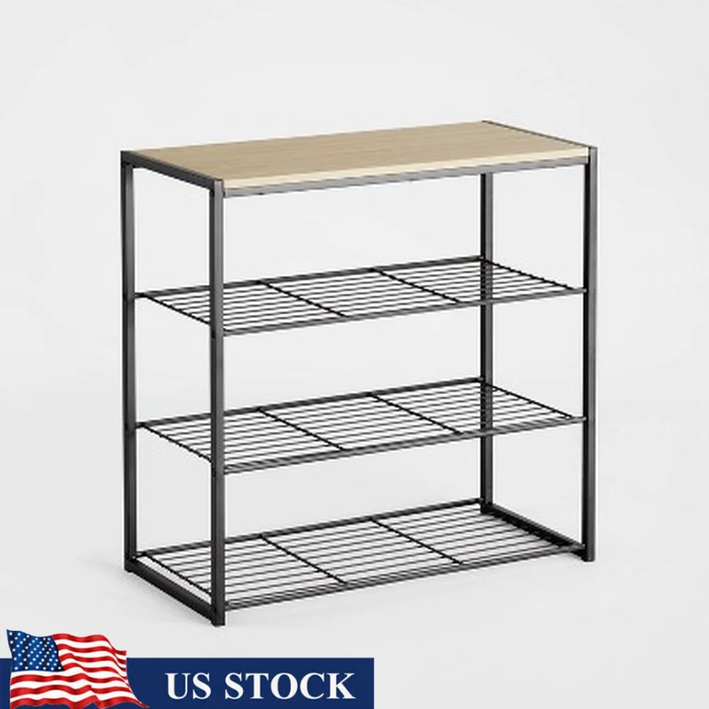 

4 Tier Shoe Rack Black Metal Natural Wood Top Freestanding Storage Organizer Shoes Accessories Modern Design Easy Access
