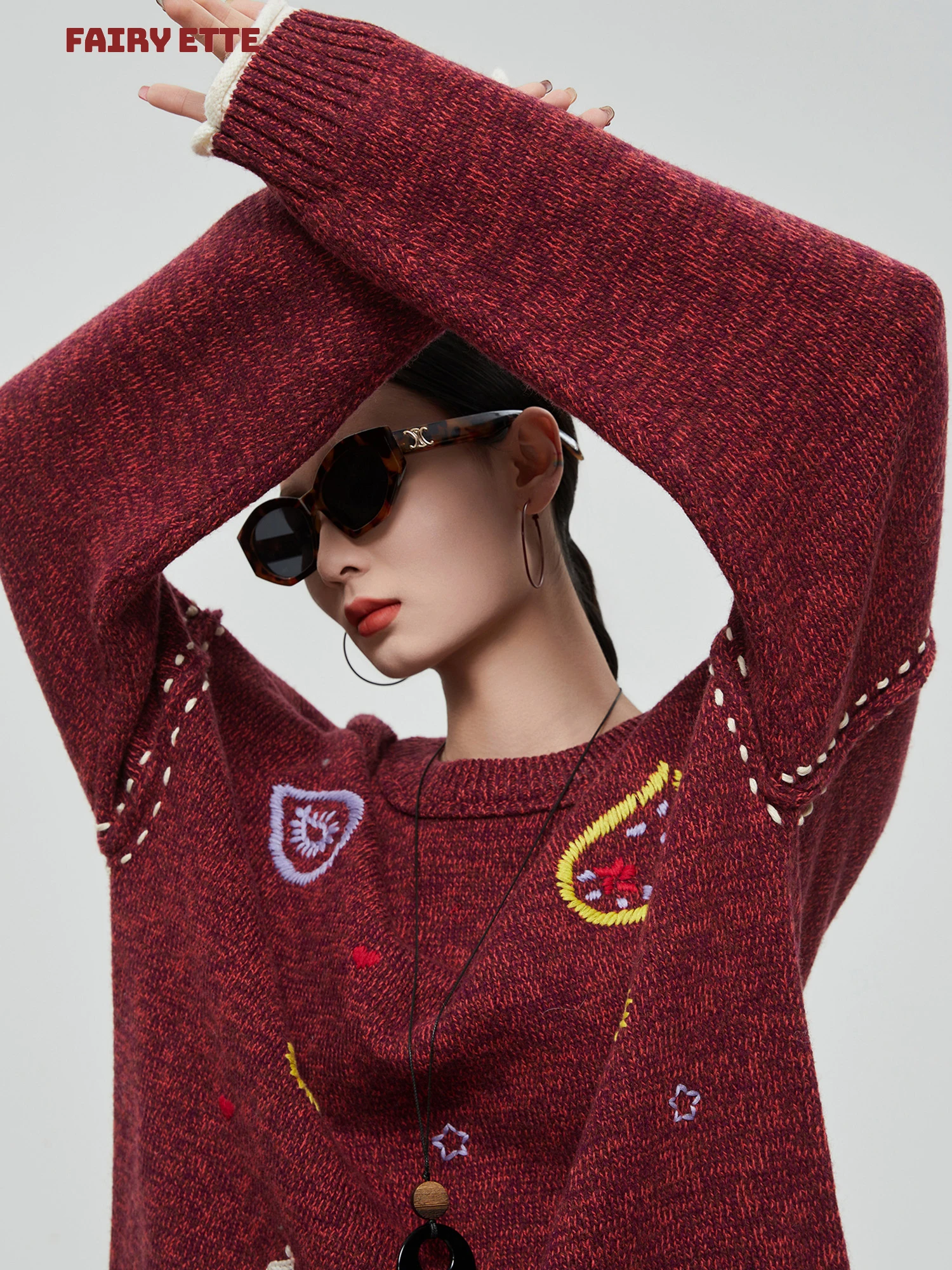 

Красный вязаный свитер с цветочной вышивкой и круглым вырезом, женский, премиум-класса, Dopane Color Blo, мягкий, пушистый, для повседневной носки