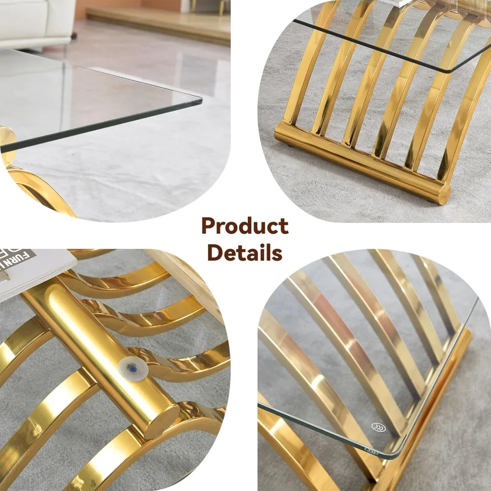 Gold Glass Coffee Table, 47 Tempered Clear Glass Top, Stainless Steel Frame, Unique Decorative Center Table, Modern Gold Coffee