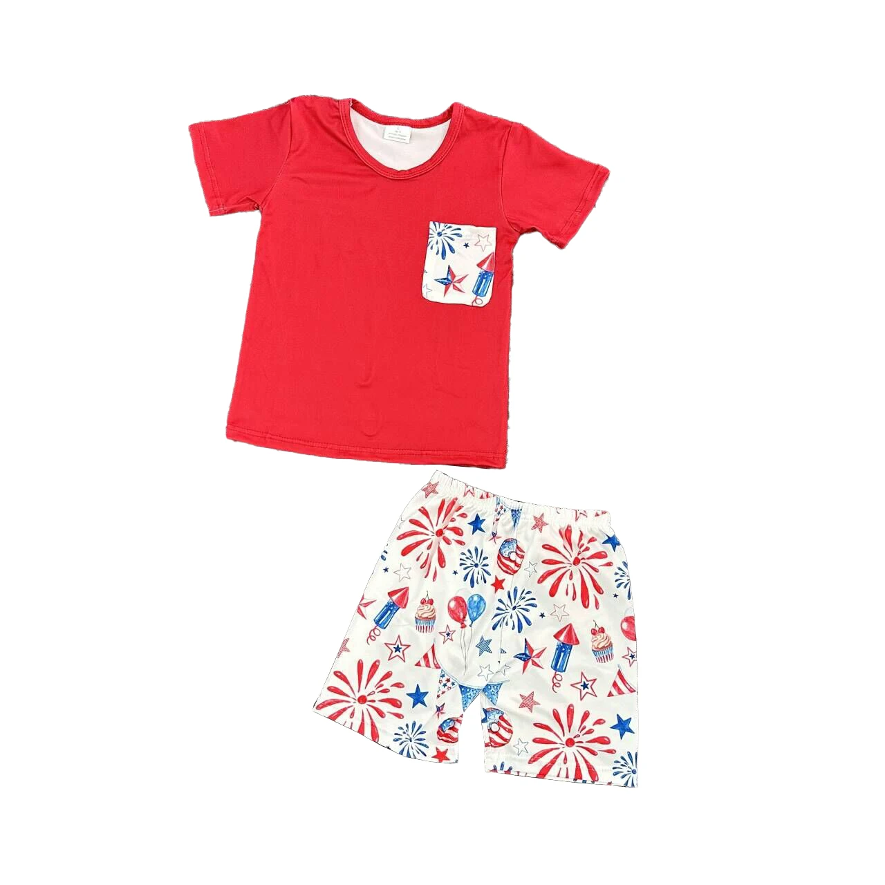 

Wholesale July of 4th outfits girls and boys red fireworks flag puppy short sleeve shorts set casual girl dresses baby romper