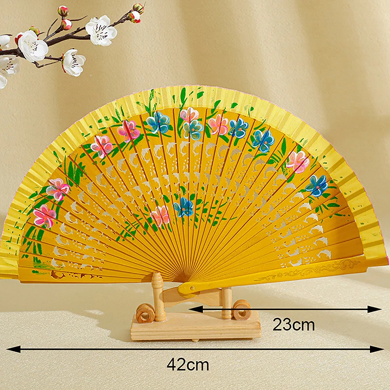 Chinese Style Folding Fan Hollow Double-sided Craft Gift Dancing Printing Wood Spanish Hand Fan Party Supplies