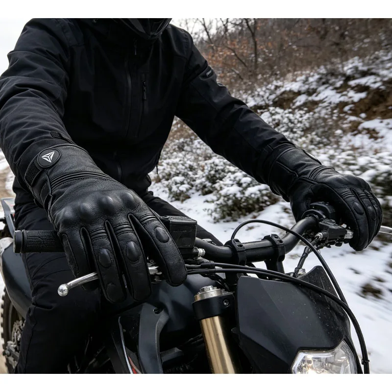 Winter Thick Plush Lined Leather Motorcycle Gloves Windproof Thermal Full Finger Shockproof Protective Riding Gear For Motocross