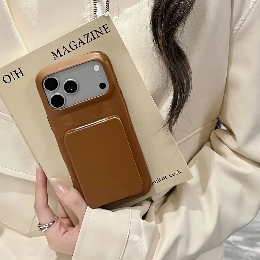 Fashion Retro Maillard Dark Color Leather Imitation Cover Case For iPhone 17 16 15 14 13 Pro Max with Flip-up Mirror Holder view 4