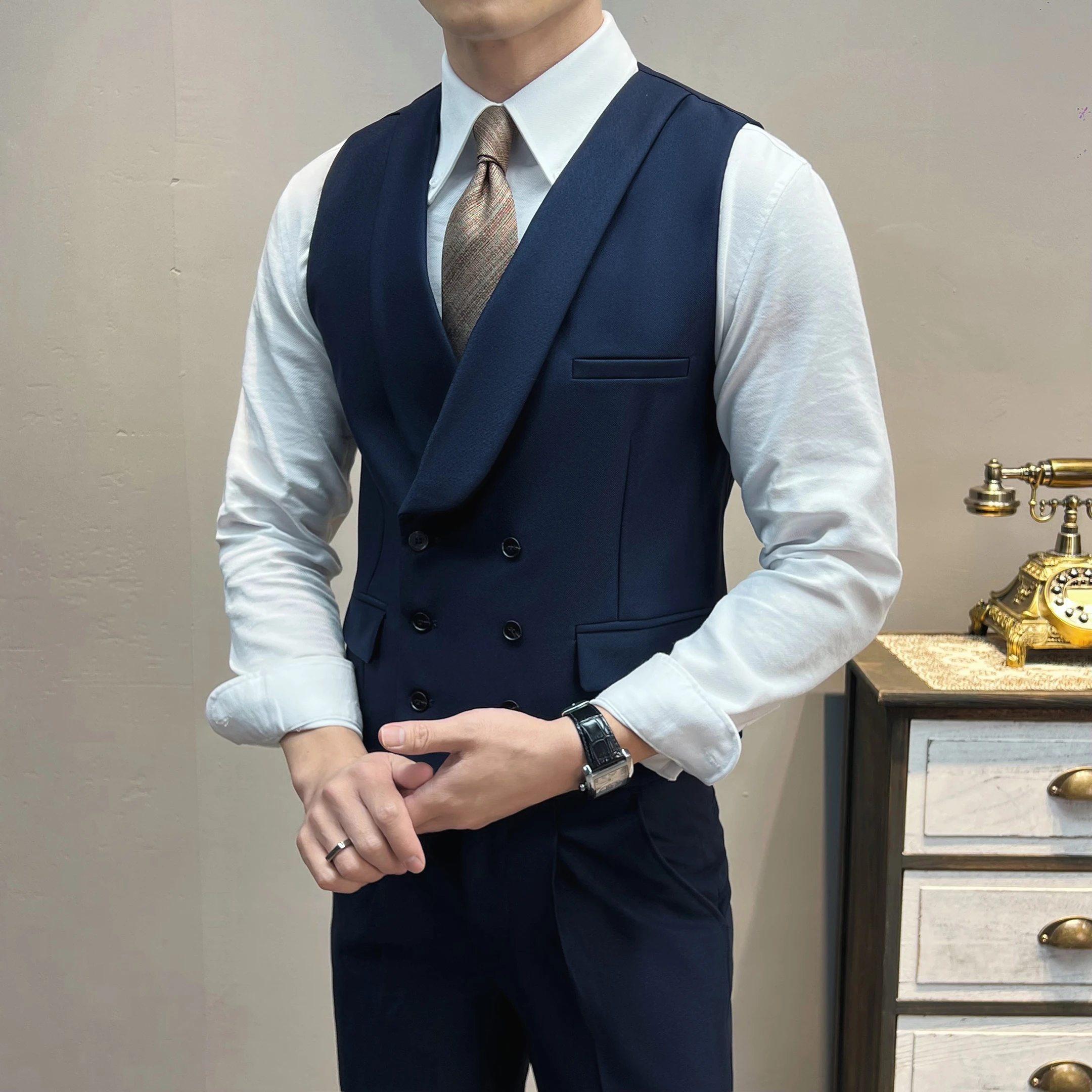 (Colete + calças) marca de alta qualidade cor sólida terno colete 2 peças masculino luxo duplo breasted design moda colete conjunto roupas do clube