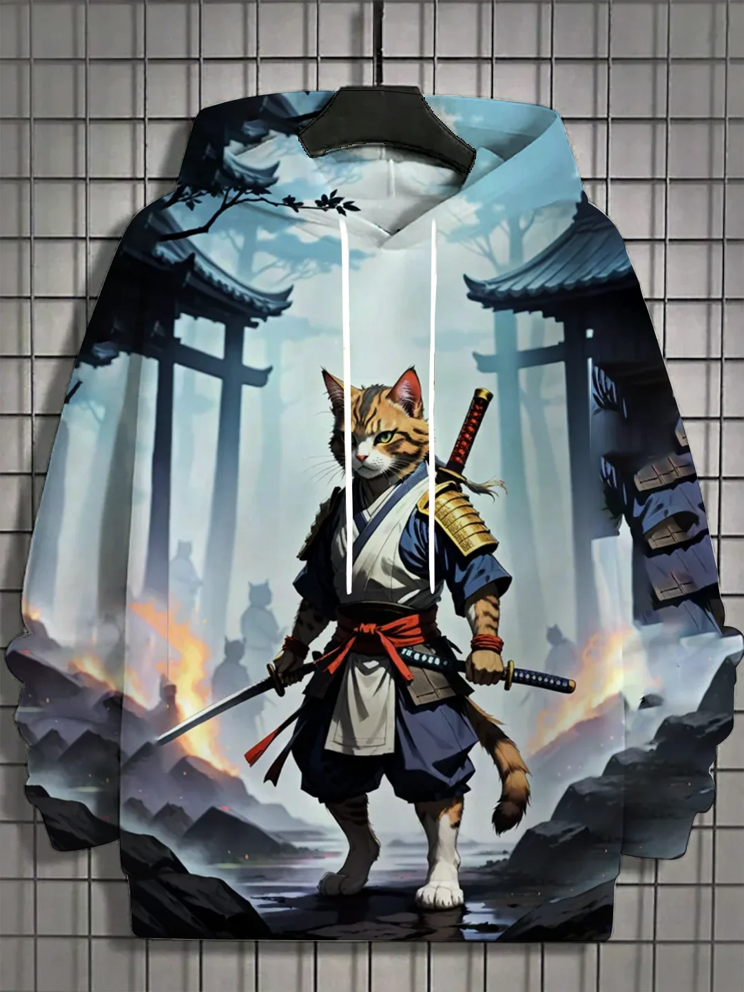 

Japanese Samurai Cat Print Men's Hoodies Street Trend Hip Hop y2k Clothes Fashion Pullover Autumn and Winter Casual Sweatshirts