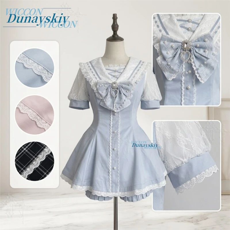 Sailor Collar Dress Set Lace Bow Short Sleeve Jirai Kei Original Japanese Sweet Lolita Mini Skirt Suit Summer Daily Cute Color view 2