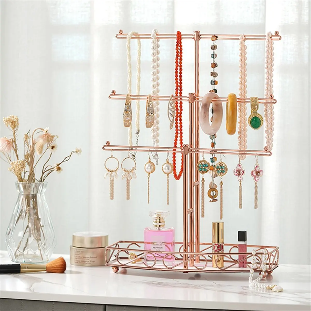 Gold T-Shaped Jewelry Removable 3-Tier Bracelet Storage Rack Earrings Necklaces Rings Jewelry Stand-ABLL