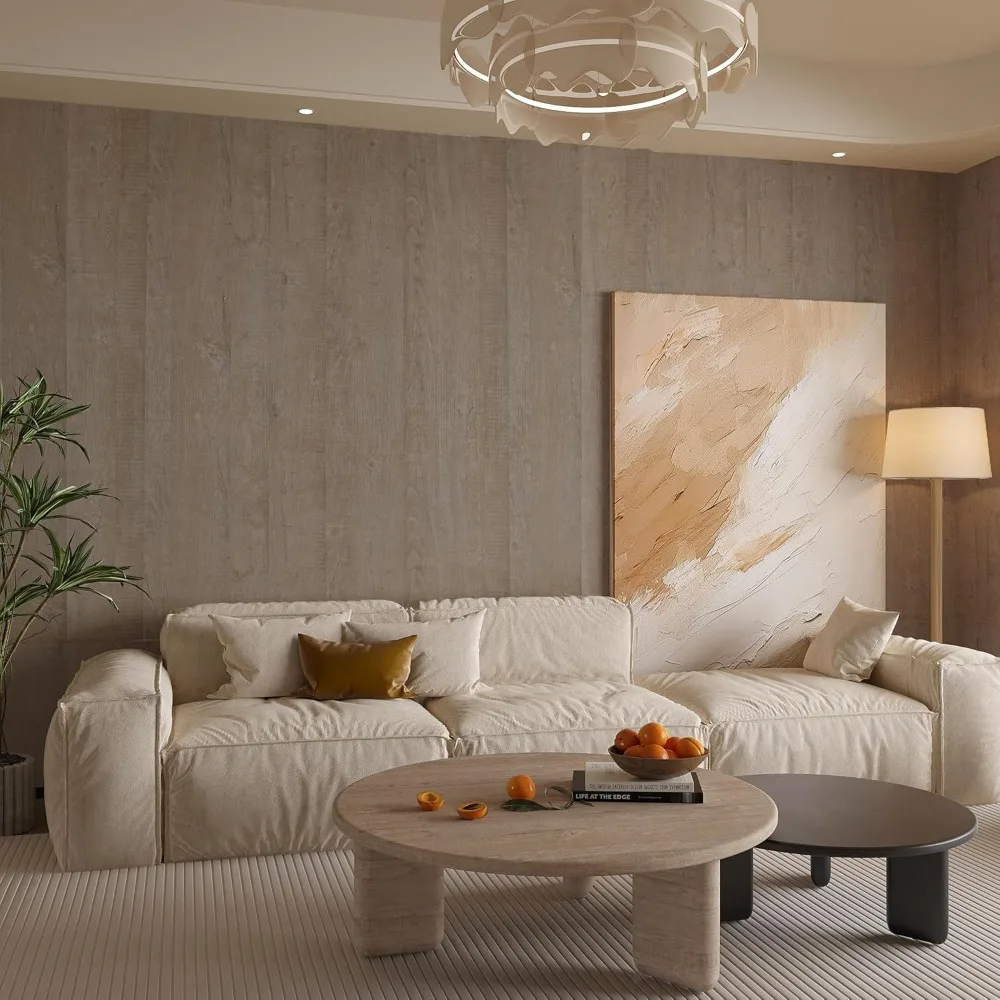 ورق جدران من الفينيل عريض جدًا من خشب البلوط الرمادي، قابل للتقشير واللصق، ورق اتصال خشبي فاتح، تصميم فتحة دليل الهواء، لمسة نهائية غير لامعة