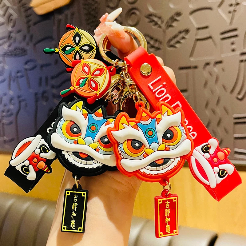 Cartoon Lion Dance Head Silicone Keychain Cute Chinese Style Lion Dance Car Key Chain Bag Pendant Creative Gift