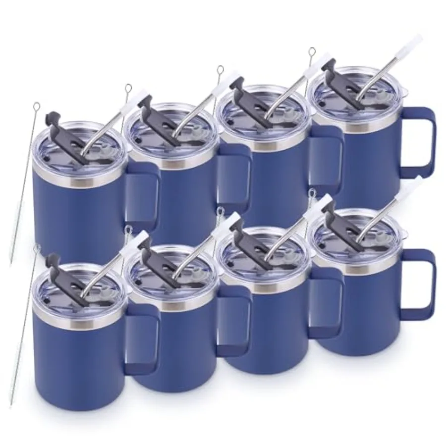 Taza de café para viajes y camping: vaso térmico de acero inoxidable de doble pared, color azul marino, aislado al vacío, a prueba de fugas, de 12 oz, con tapa abatible y pajita.