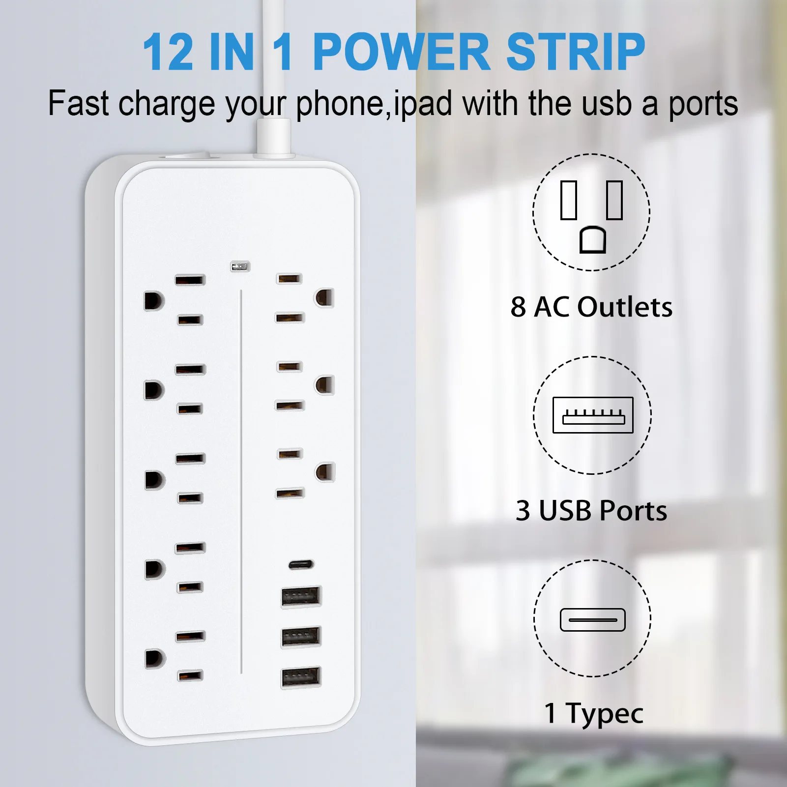 US Power Strip 8 AC Outlets 3 USB Ports 1 TypeC with Master Switch 1.2m Extension Cord Multi Outlet Surge Protector Home Office