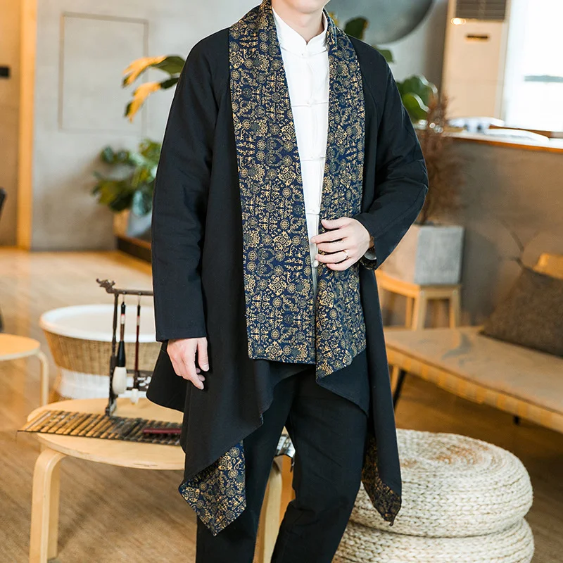 #4247 Black Blue Red Asymmetrical Trench Coat Men Loose Kimono Coat Cardigan Long Vintage Chinese Style Cotton Linen Overcoat