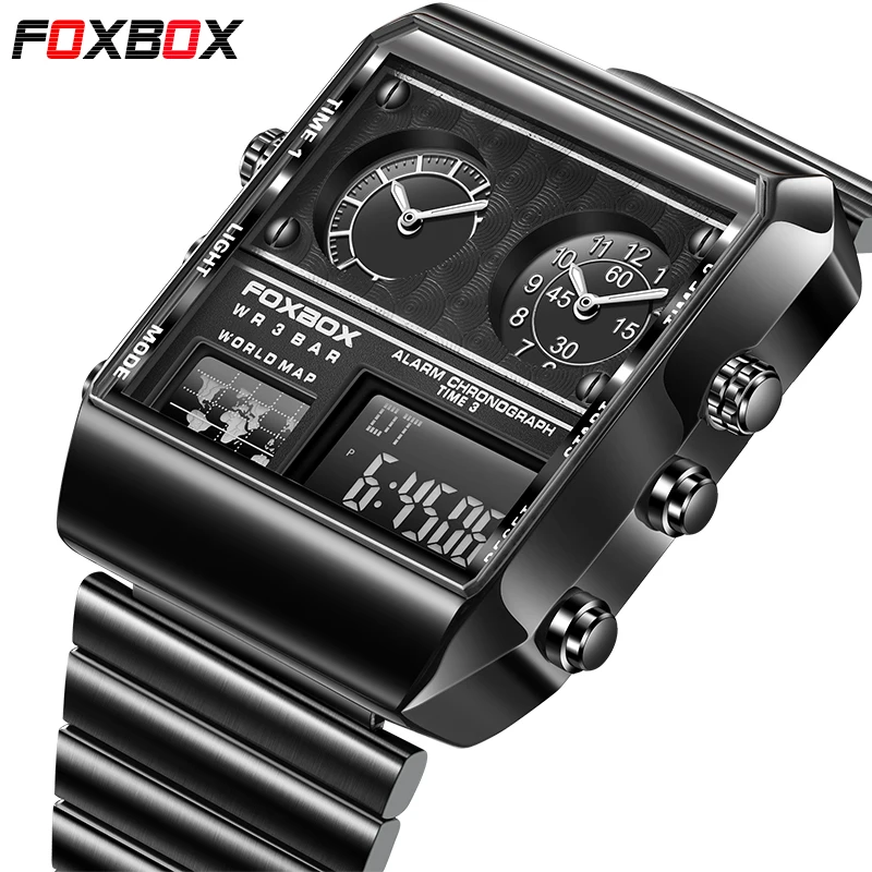 FOXBOX Business Luxury Electronic Man Watch Classic Fashion Dual Time Stainless Waterproof Casual Sport Date Watches for Men+Box