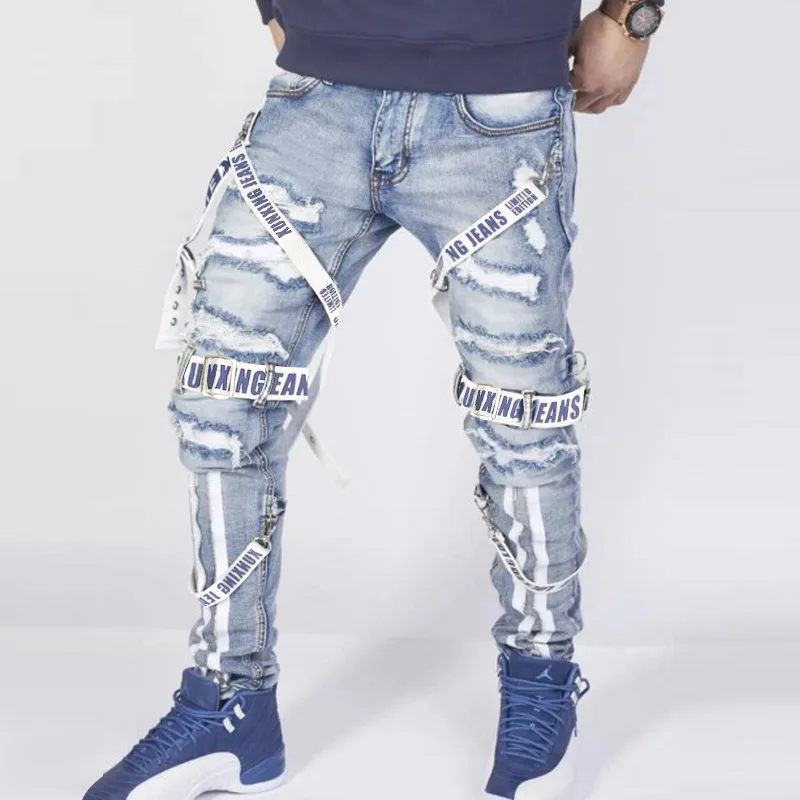 Trendy Men's Jeans with Patchwork Tapestry Hole Punching Slim Fit Zipper Casual Cotton Long Pants Metal Decoration