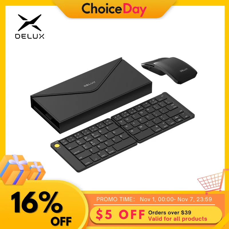 Delux Folding Keyboard Mouse Set Wireless Ultra Slim Portable Silent Kit Multi-Device Support For Windows Android IOS System