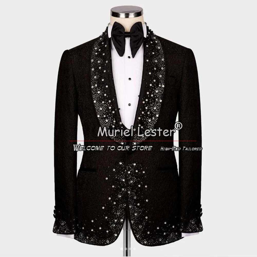 

Luxury Men Suits For Wedding Metal Embellished Beaded Floral Male Prom Blazers 3 Pieces Sets Groom Tuxedos Slim Costume Homme