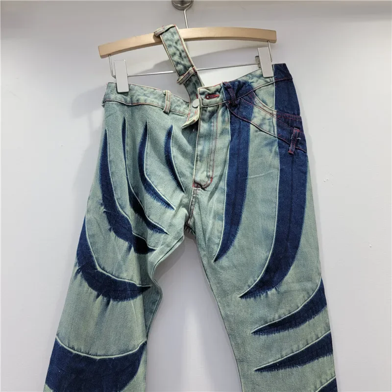 Women Pantalones Fall 2023 New Waist Split Hollow Out Color Contrast Patchwork Jeans Street Hot Girl Denim Bell-Bottom Pants Y2k