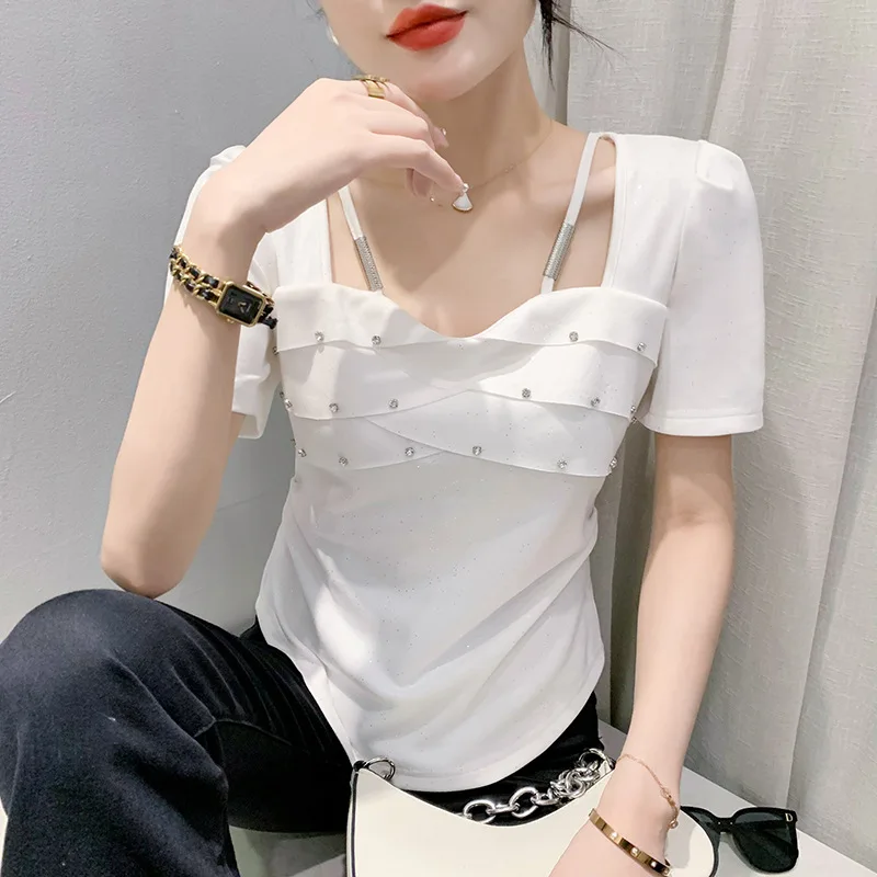 

Summer Elegant Square Collar Knit T-shirts Women Solid Puff Sleeve Knitted T-Shirt Fashion 2023 Slim Layer Strap Tees Tops 27597