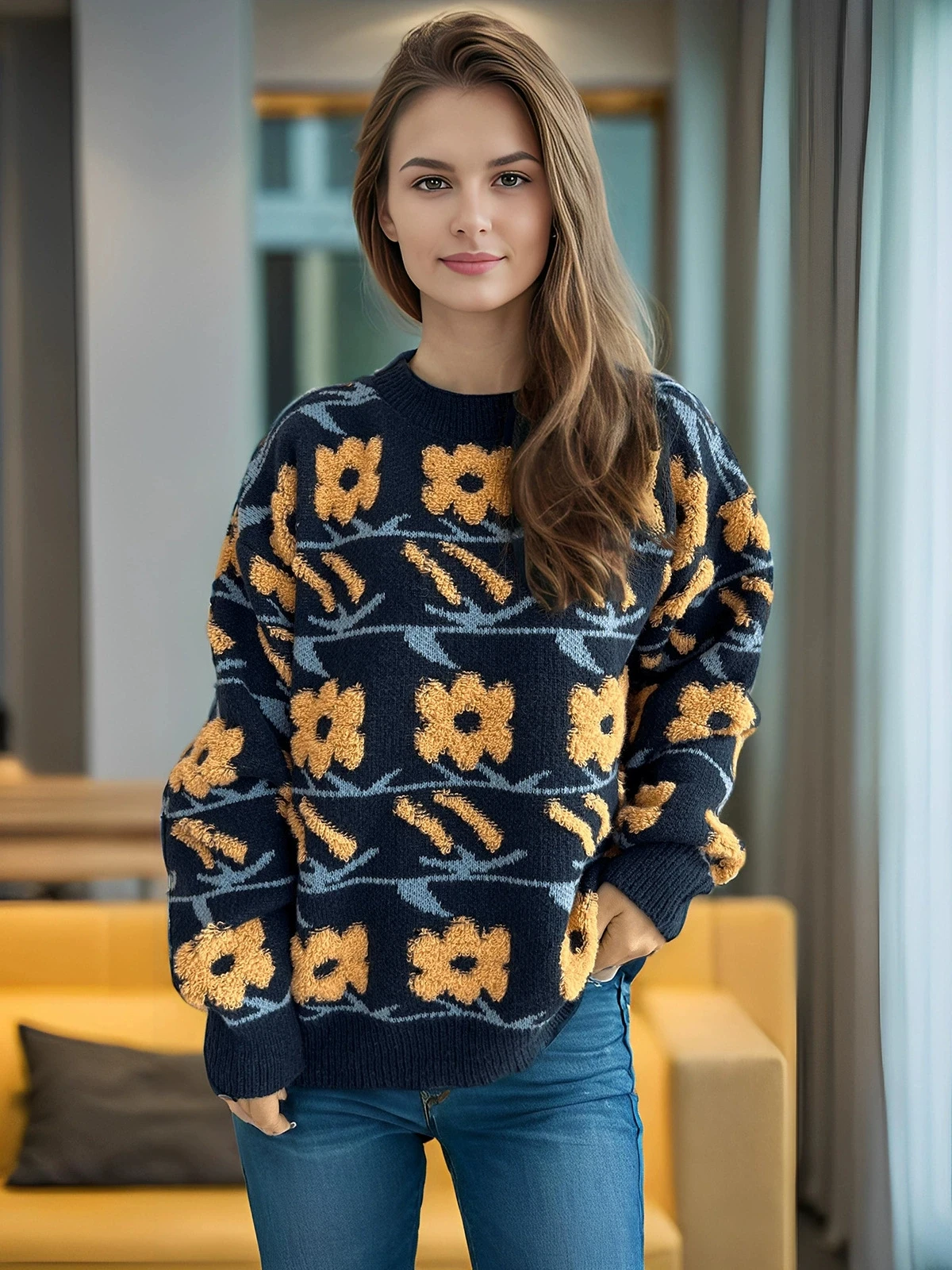 

Autumn and Winter Sweet and Cute Style Flower Jacquard Towel Embroidered Knitted Round Neck Thick Sweater for Women