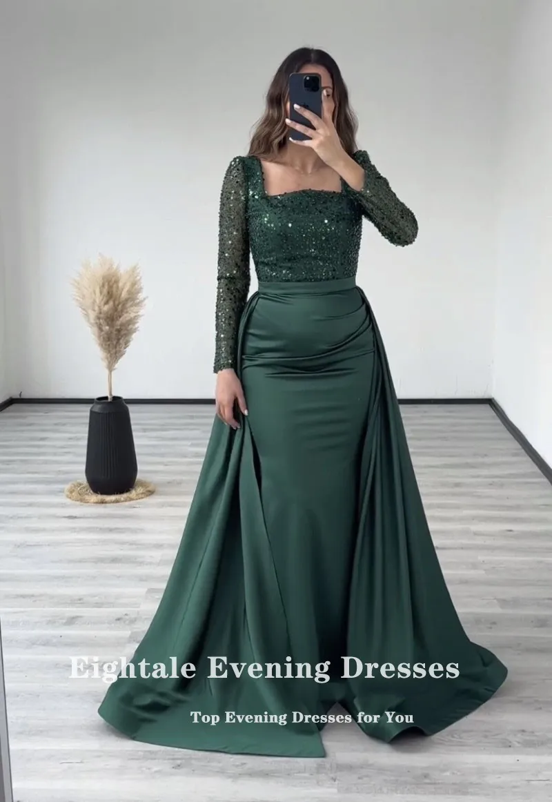 Eightale Dark Green Evening Dresses Mermaid Long Sleeves Sequined Customized Prom Gown with Detachable Skirt Party Abendkleider