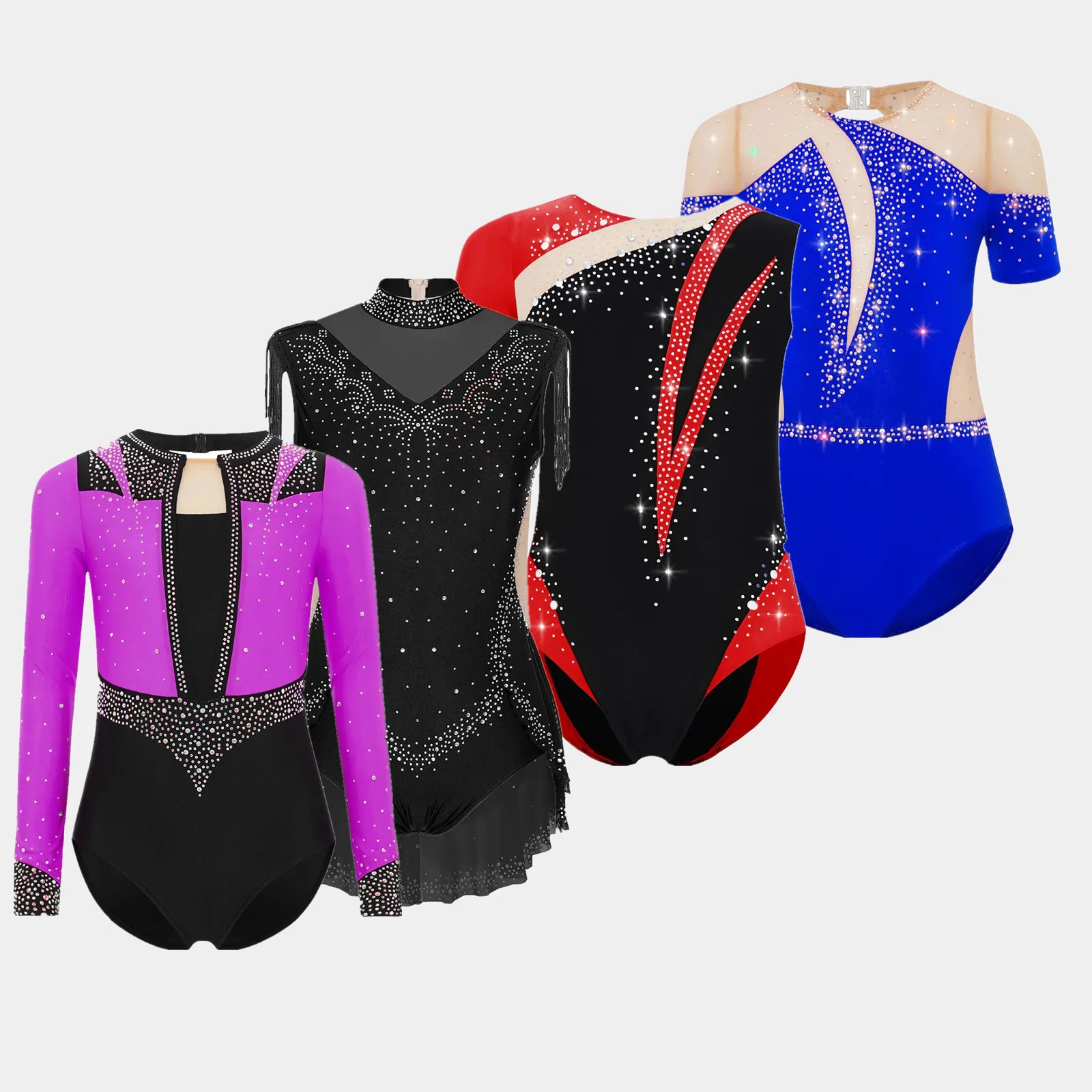 

Kids Girls Gymnastics Artistic Figure Skating Ballet Jersey Dance Leotard Costume Sheer Mesh Shiny Rhinestones Bodysuit Jumpsuit